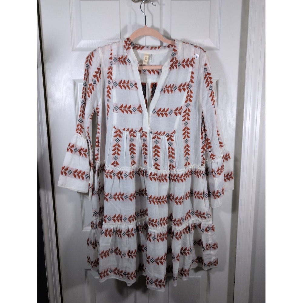 Elan Women Small White Rust Geometric Print Tiered Cotton Boho Tunic Mini Dress